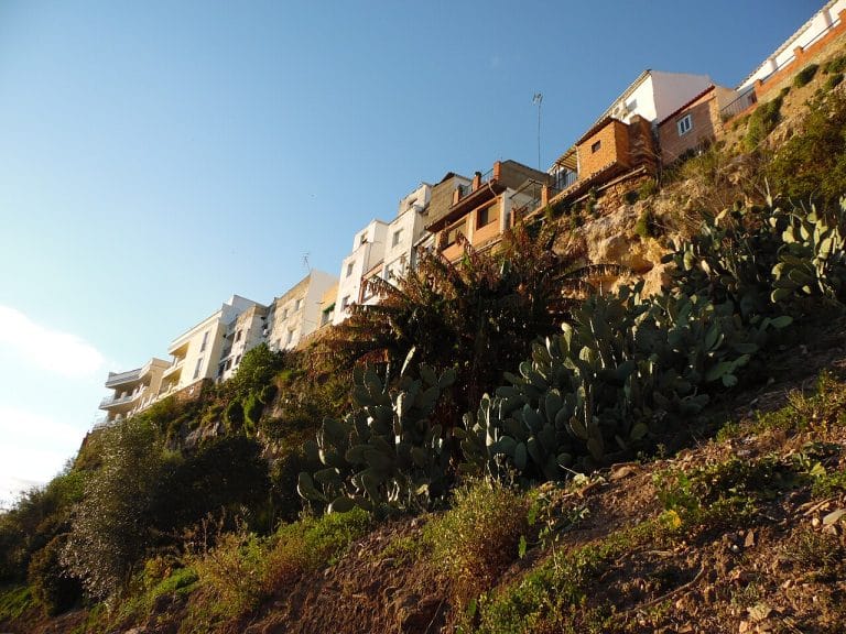 Vista de casas colgantes en Hornachuelos sobre un acantilado con vegetación autóctona