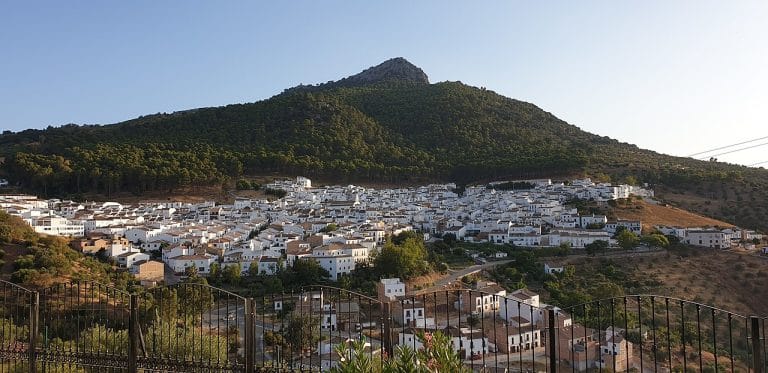 Vista panorámica del pueblo de El Gastor asentado en la ladera de un cerro con casas blancas y pinos en la cima.