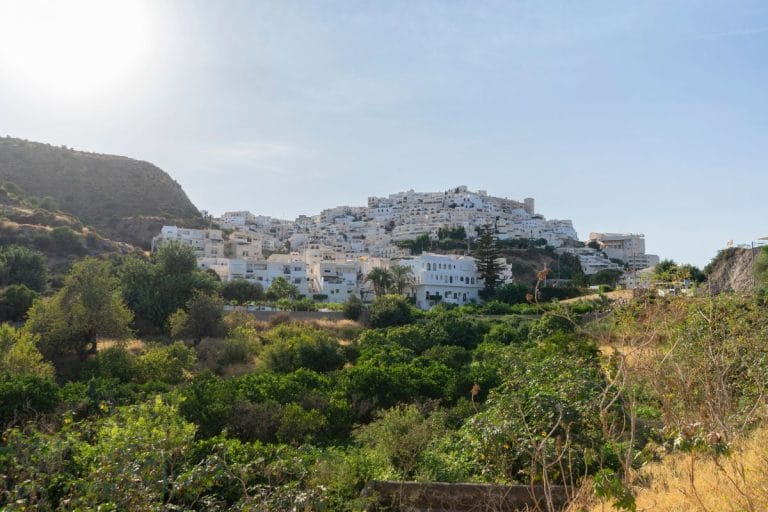 caserío blanco de mojácar encaramado en la ladera de una colina, con vegetación y campos en primer plano bajo un cielo despejado