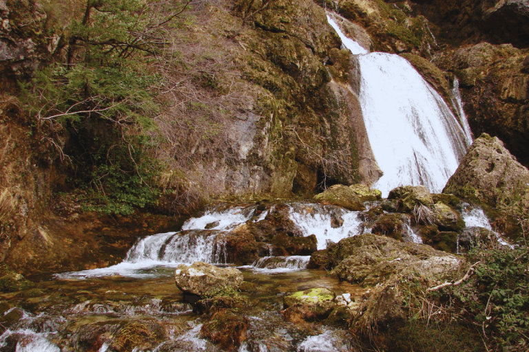 Nacimiento del río Mundo con cascadas que caen por una pared rocosa y agua fluyendo sobre piedras musgosas en primer plano.