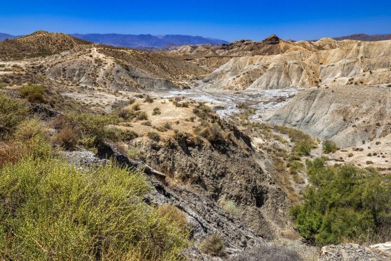 Paisaje árido del desierto de Tabernas en Almería con senderos y formaciones erosionadas
