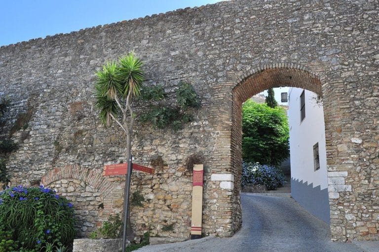 Arco de piedra antigua en la muralla histórica de Jerez de la Frontera, abriéndose a una estrecha calle empedrada con casas encaladas y flores violetas, bajo un cielo azul despejado.
