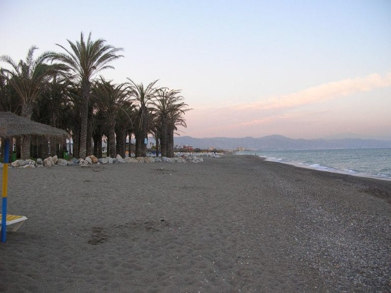 Playa de Torremolinos al atardecer, con palmeras, arena y el mar en el horizonte.