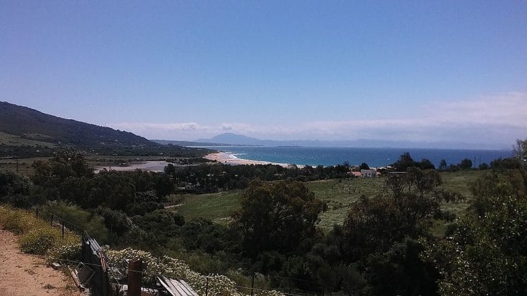 Vista panorámica de la Playa de Valdevaqueros en Tarifa, Cádiz, con la duna, vegetación y el mar en el horizonte bajo un cielo azul despejado.