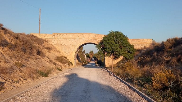 Camino de tierra flanqueado por matorrales secos que atraviesa un puente de mampostería de arco única, con una palmera pequeña a la derecha y vegetación baja en las laderas que bajan hasta el sendero.