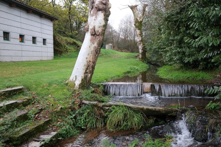 Pequeña cascada y entorno natural junto al albergue de Bruma en A Coruña, Camino Inglés