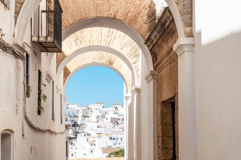 Vista panorámica del casco histórico de Vejer de la Frontera con sus características casas blancas y colinas verdes al fondo.