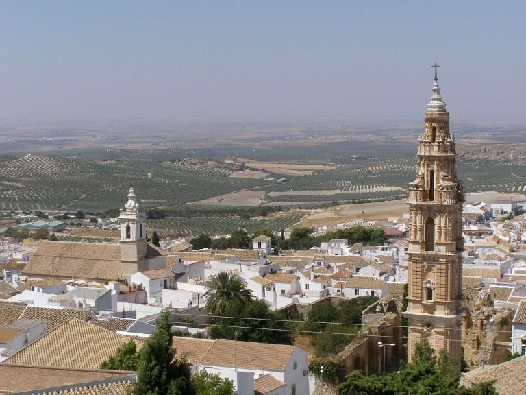 Vista panorámica de Estepa con su torre monumental al fondo y campos de olivos en el horizonte, en la provincia de Sevilla
