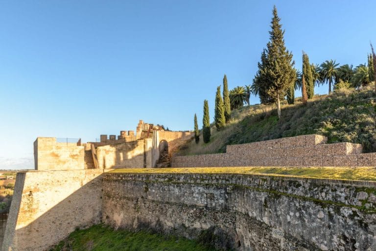 Muralla de la Alcazaba de Badajoz al atardecer, con cipreses y palmeras sobre la ladera.