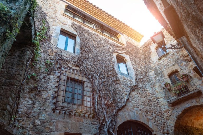 Callejón empedrado entre casas de piedra con vegetación en el casco histórico de Pals, Girona