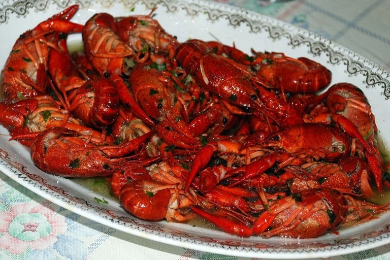Plato tradicional de cangrejos de río cocinados al estilo de Herrera de Pisuerga, Palencia, servido con salsa y especias.