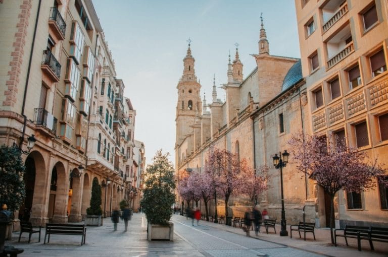 Calle peatonal junto a la Concatedral de Santa María de la Redonda en el centro histórico de Logroño