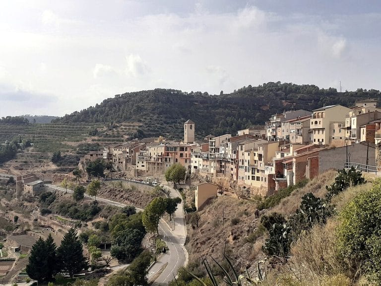 Vista panorámica de La Bisbal de Montsant con casas en la ladera y paisaje de viñedos en el Priorat
