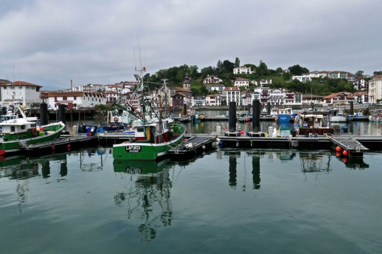 Barcos pesqueros atracados en el puerto de Saint-Jean-de-Luz, con casas típicas del País Vasco francés al fondo