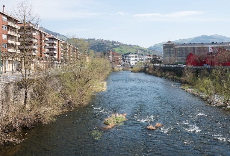 Vista del río Oria a su paso por Tolosa, con edificios residenciales y montañas al fondo en Guipúzcoa