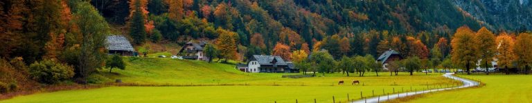 Panorámica del valle Logarska Dolina en Eslovenia con prados verdes, casas rurales y montañas alpinas