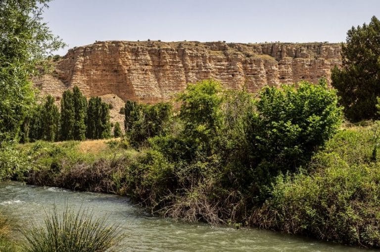Vista del cañón del río Riaza en Segovia con paredes rocosas y vegetación junto al agua