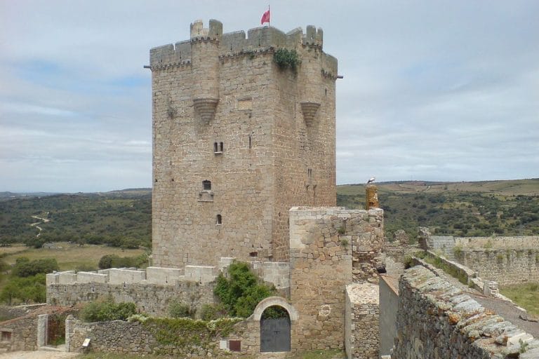 Vista exterior de las ruinas del castillo de San Felices de Gallegos, mostrando una gran torre de piedra en el centro y muros de piedra bajos, en un paisaje verde y montañoso.