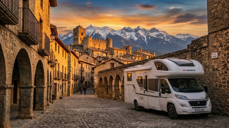 Autocaravana blanca aparcada en Aínsa al atardecer con Pirineo nevado al fondo