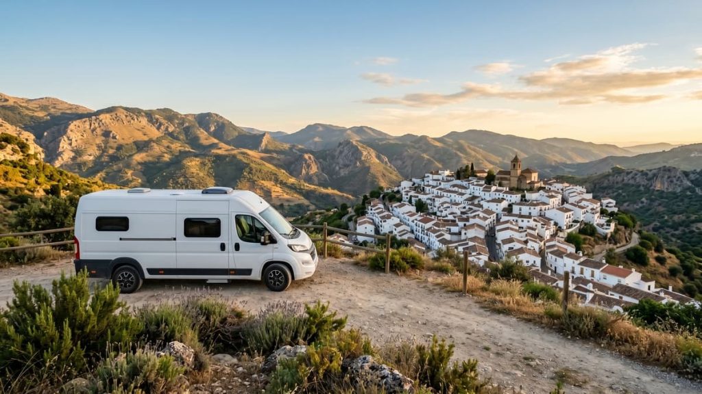 Autocaravana en mirador de pueblo blanco andaluz al atardecer